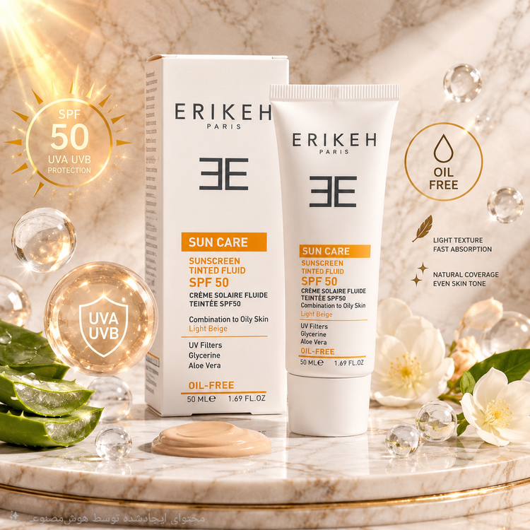 کرم ضد آفتاب رنگی SPF50 اریکه | مناسب پوست مختلط تا چرب محافظت در برابر UVA و UVB