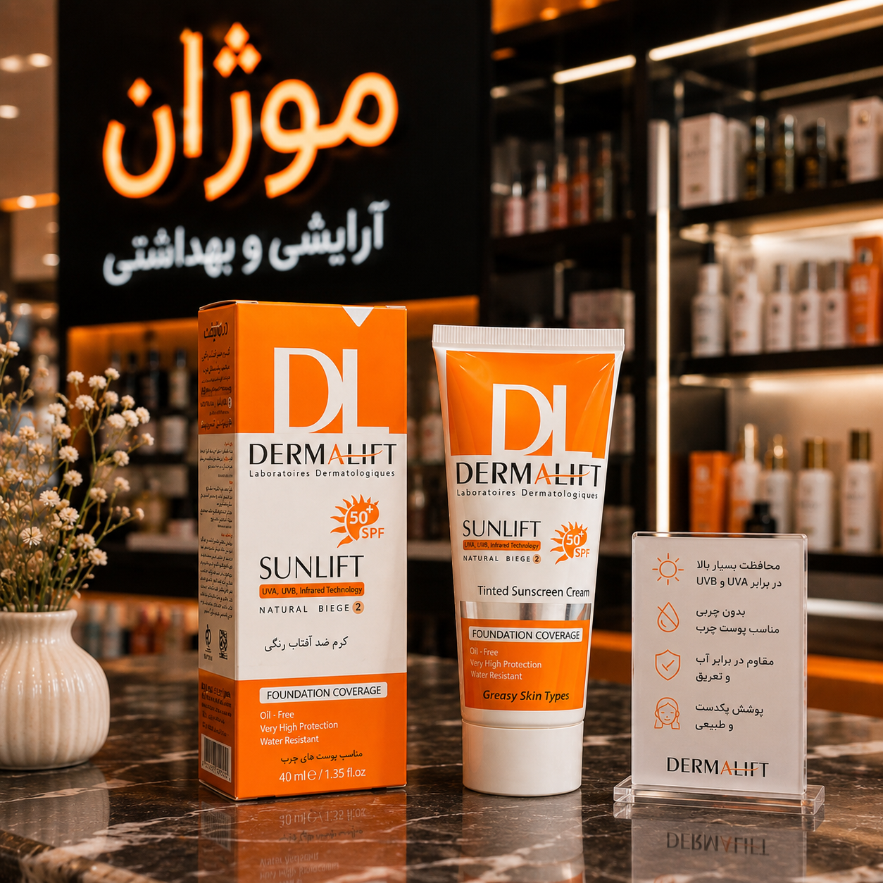 کرم ضد آفتاب رنگی نچرال بژ شماره 2 پوست چرب درمالیفت | دارای پوشش کرمپودری و مناسب پوست چرب